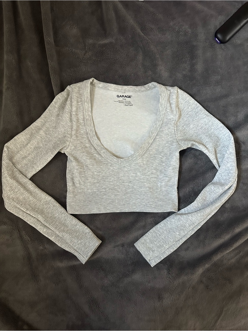 Garage Light Gray Ribbed Scoop-Neck Long Sleeve Crop Top